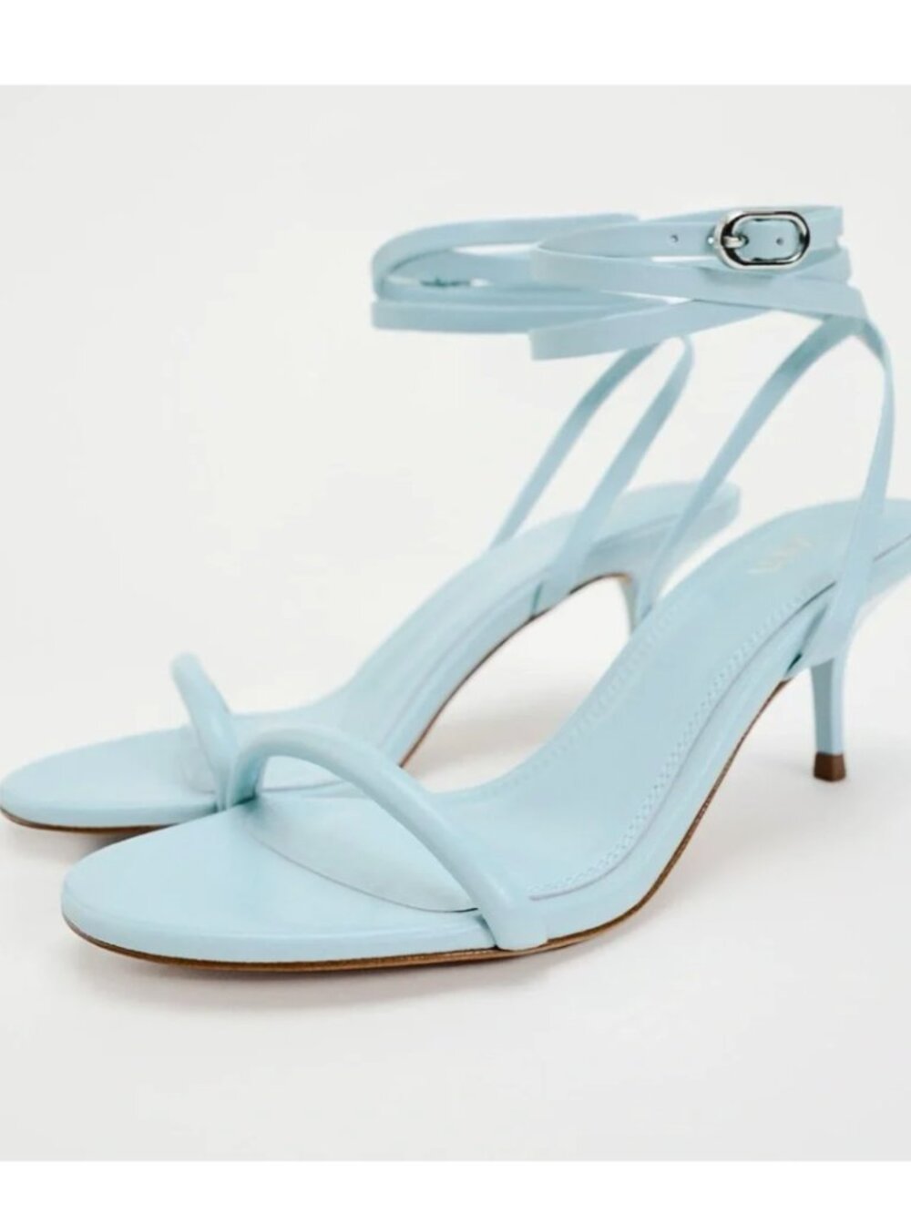 ZARA HIGH HEELED TUBULAR STRAP LEATHER SANDALS 8 39 LIGHT BLUE 2311/410 WRAP